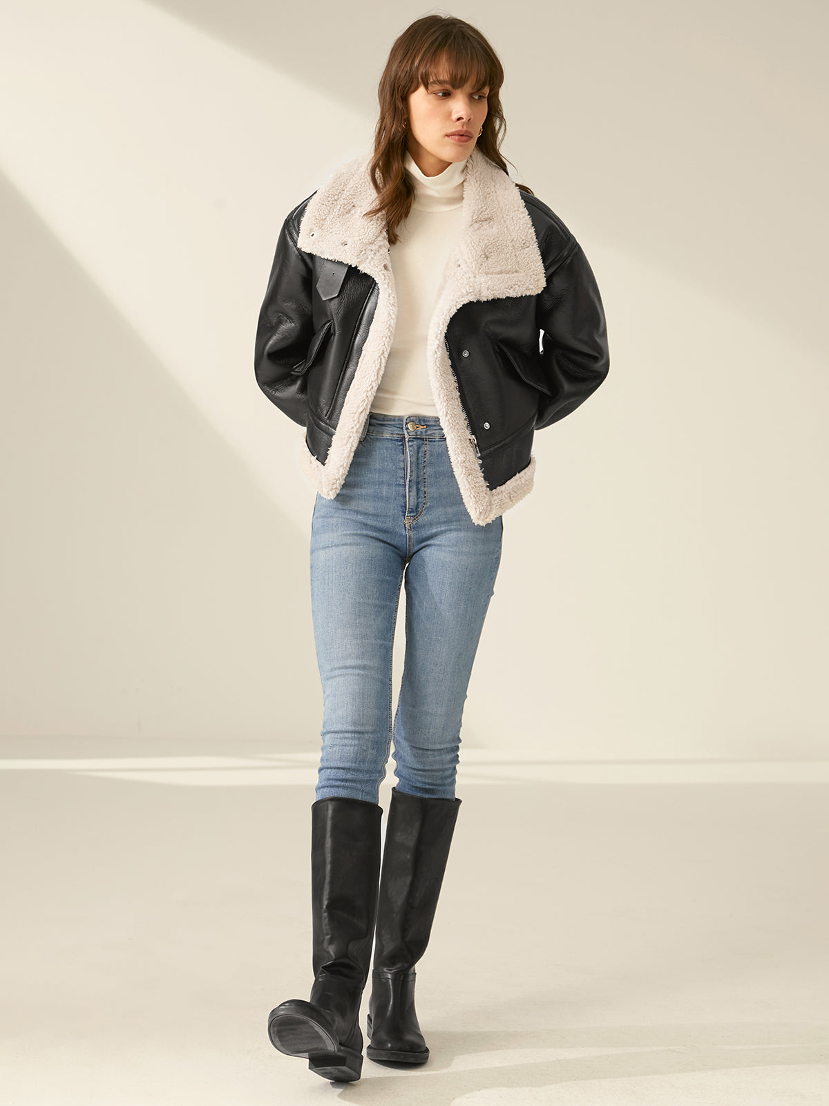 Cazadora de Piel Sintética Estilo Aviador con Forro Sherpa para Mujer