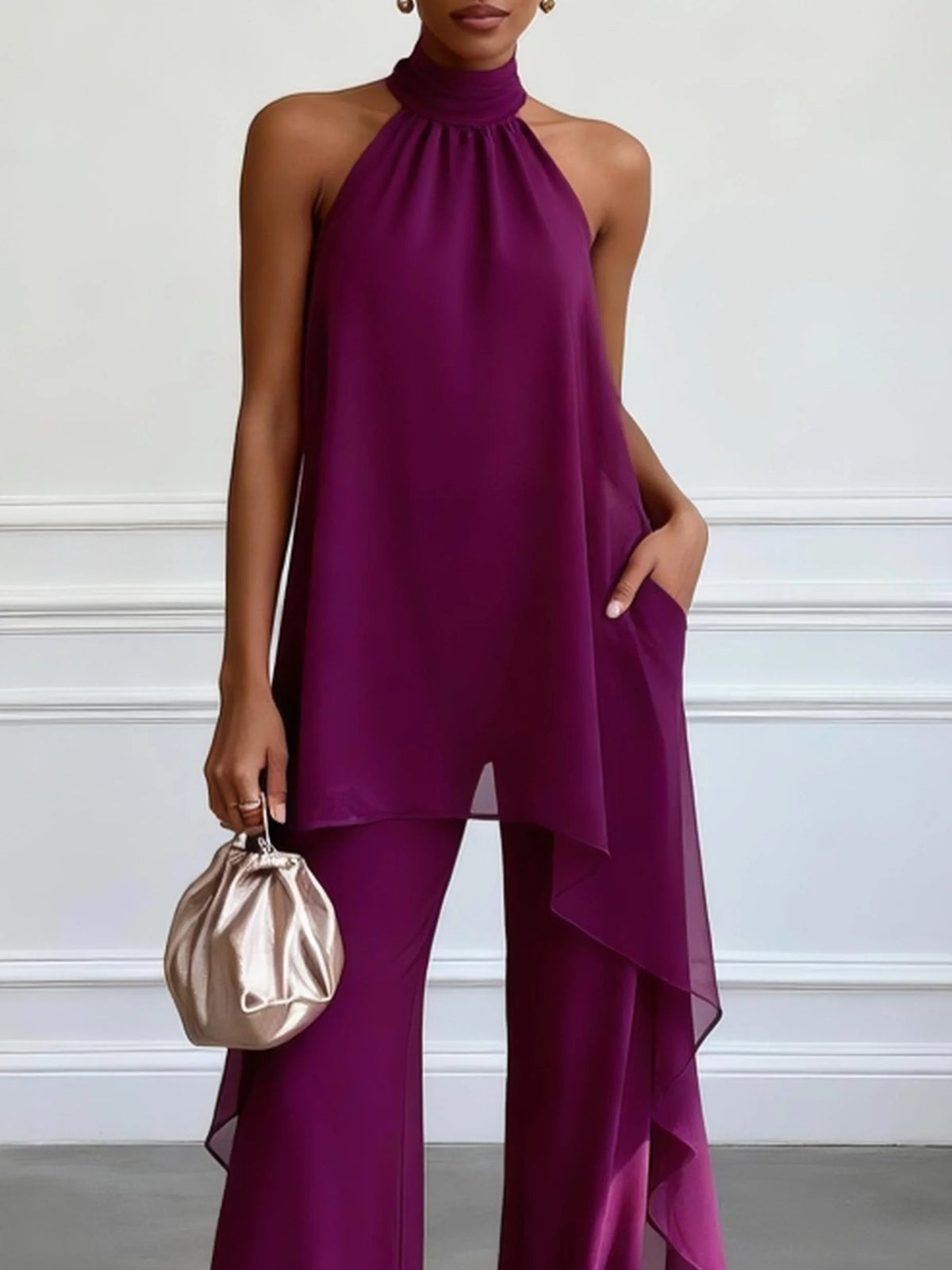 Conjunto de Dos Piezas Elegante con Top sin Mangas y Pantalón Morado
