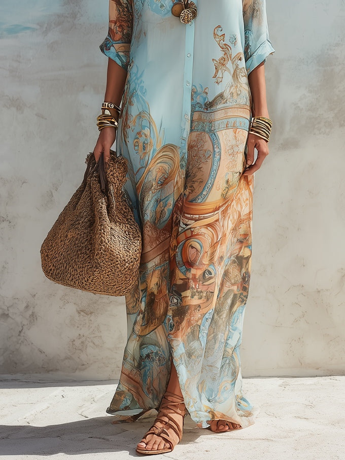 Vestido Maxi Estampado Floral Azul para Vacaciones