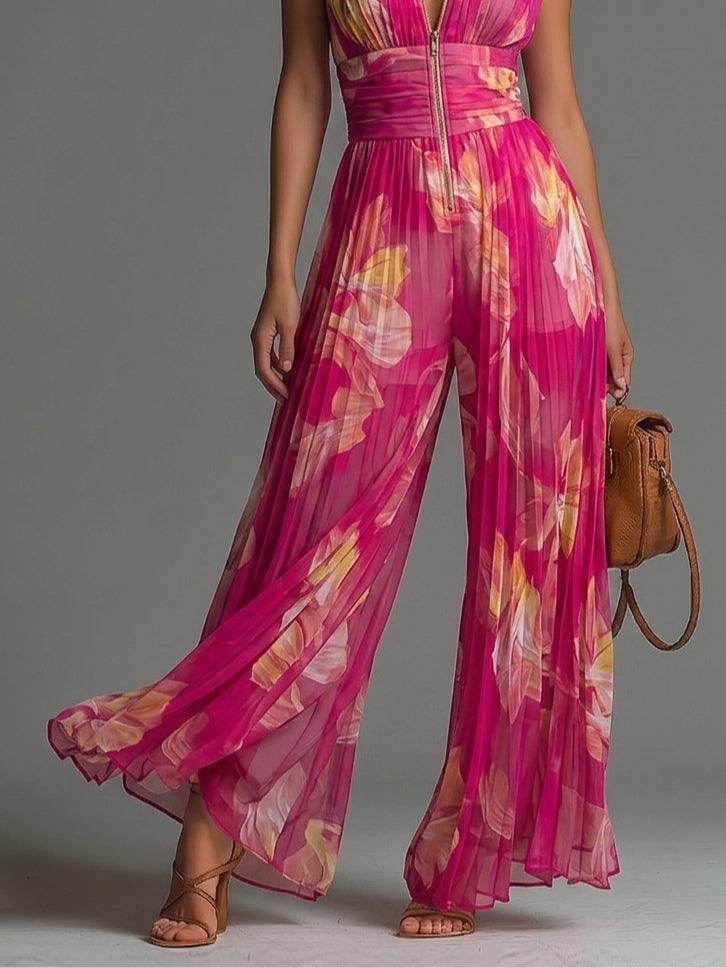 Mono sin Mangas de Chifón Plisado con Cremallera y Estampado Floral Fucsia