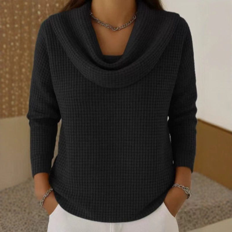 Amber™ – Suéter de Punto Gofre Cálido con Elegante Cuello Cascada