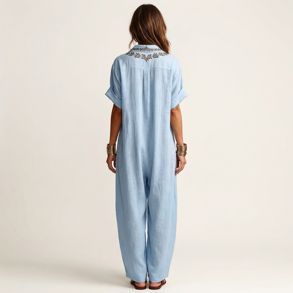 Amarina | Vestido Maxi de Lino con Cuello Bordado en V