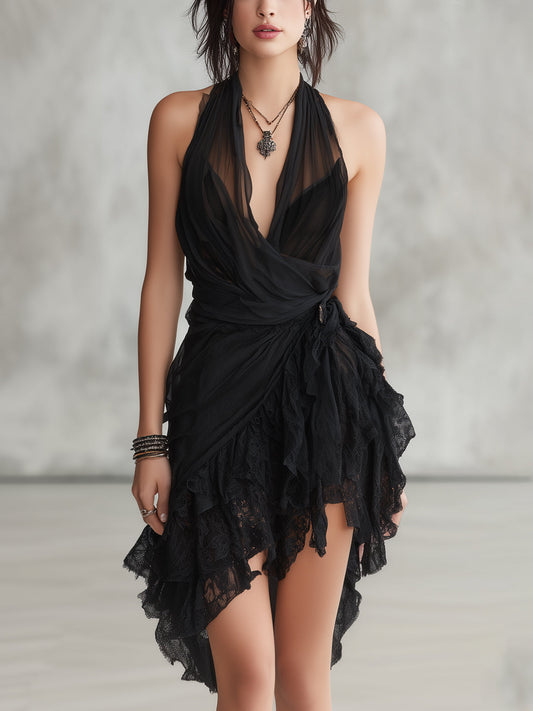 Vestido Mini de Volantes en Encaje con Escote Halter Negro