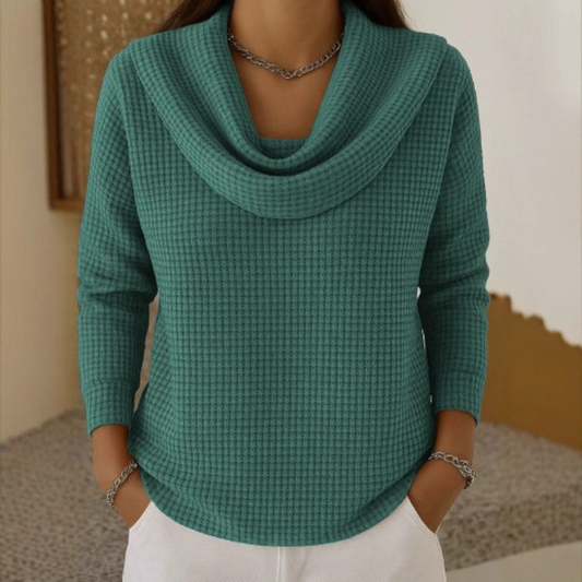 Amber™ – Suéter de Punto Gofre Cálido con Elegante Cuello Cascada