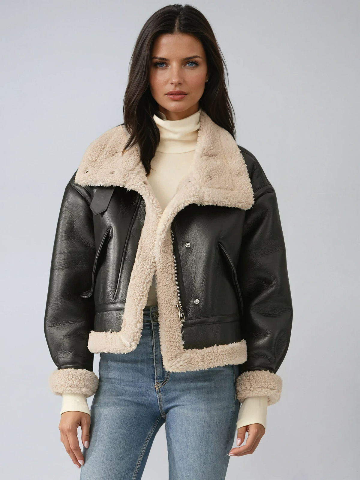 Cazadora de Piel Sintética Estilo Aviador con Forro Sherpa para Mujer