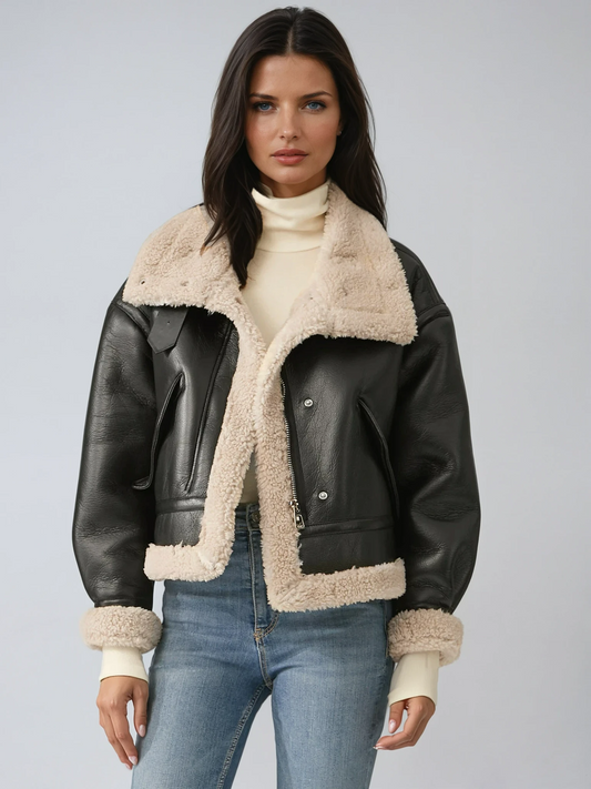 Cazadora de Piel Sintética Estilo Aviador con Forro Sherpa para Mujer