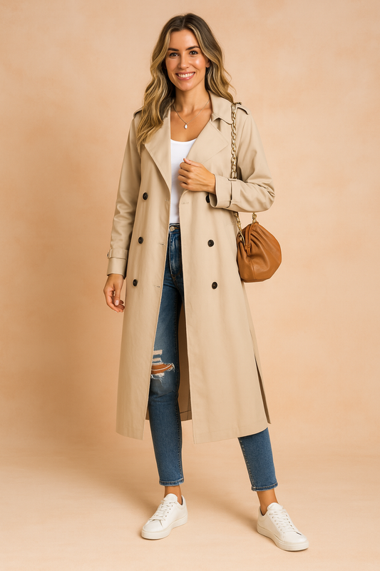 Trench Coat Largo Cruzado con Cinturón para Mujer