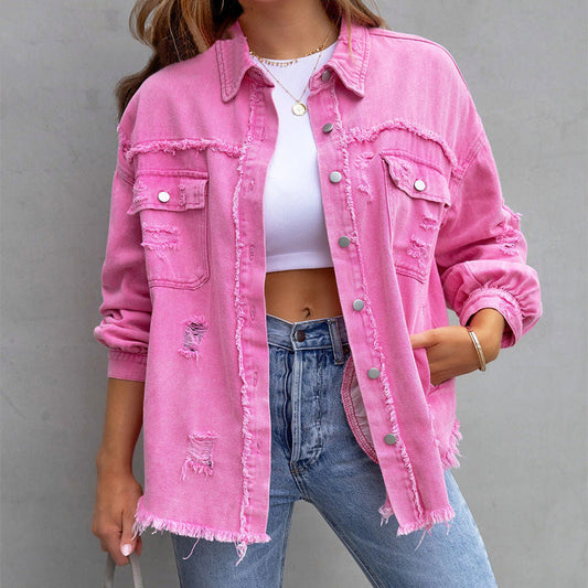Cazadora Vaquera de Mujer con Efecto Desgastado, Estilo Vintage — Chaqueta Trucker de Corte Relajado