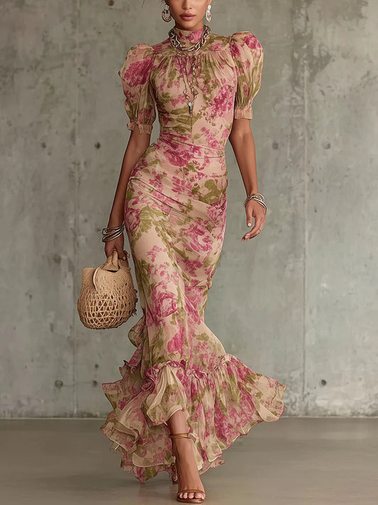 Vestido Maxi Estampado Rosa Vintage con Mangas Abullonadas (Accesorios no incluidos)