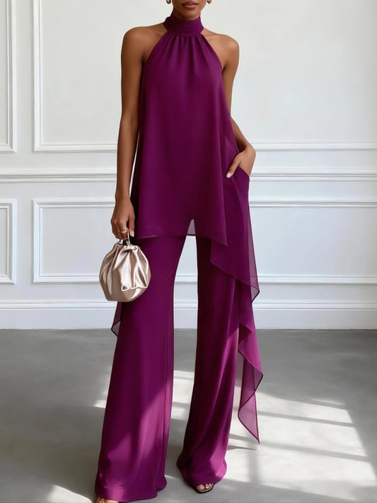 Conjunto de Dos Piezas Elegante con Top sin Mangas y Pantalón Morado