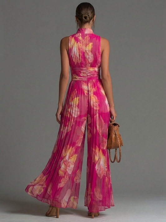 Mono sin Mangas de Chifón Plisado con Cremallera y Estampado Floral Fucsia