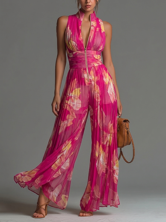 Mono sin Mangas de Chifón Plisado con Cremallera y Estampado Floral Fucsia
